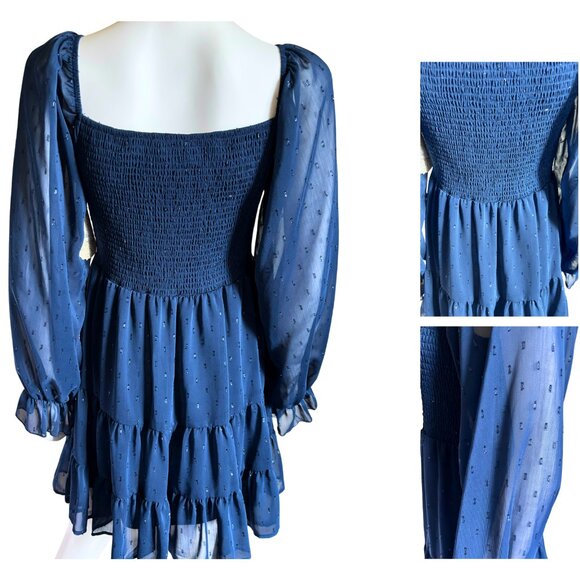 Altar’d State Blue Smocked Long Sleeve Tiered Mini Dress Size M – Lined Boho Fit - Picture 3 of 3